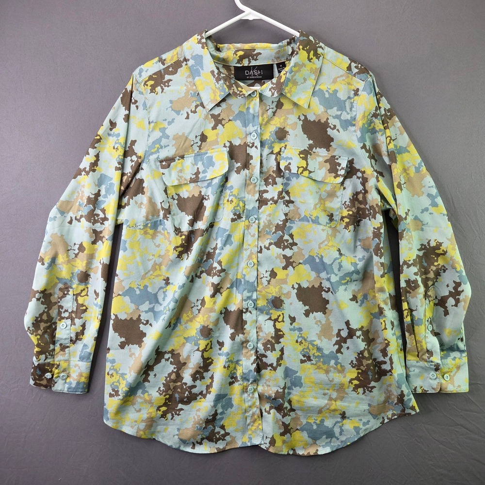 DASH by Kardashian Button Down Shirt Womens 1X Blue Yellow Camo Long Sleeve Top